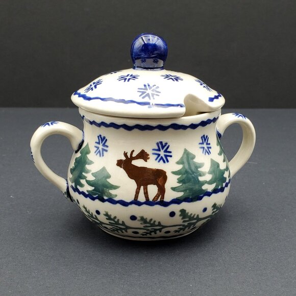 Polish Pottery Reindeer Pine Creamer & Sugar Bowl Winter Moose Creamer Set - Picture 7 of 15